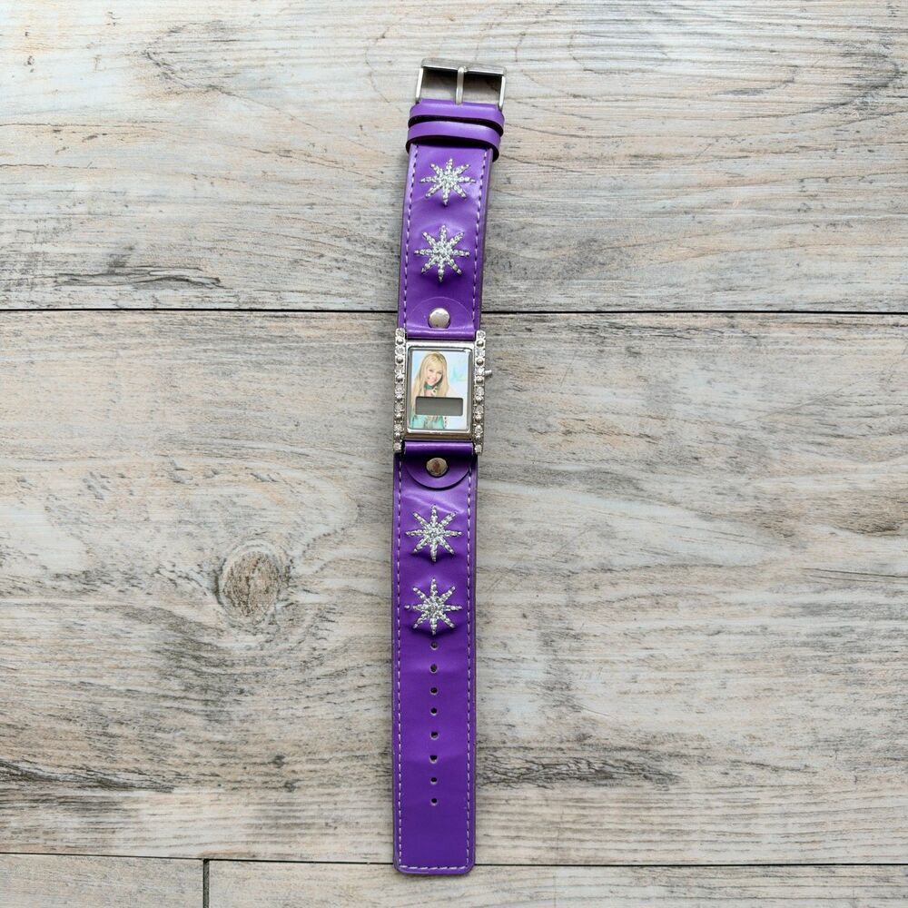 Y2K Hannah Montana Purple Rhinestone Digital Watch Faux Leather Band Pop Star
